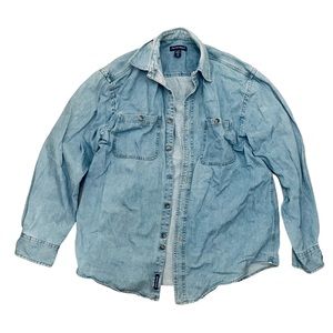 Denver Hayes oversize large light blue jean button down shirt cuffed wrist